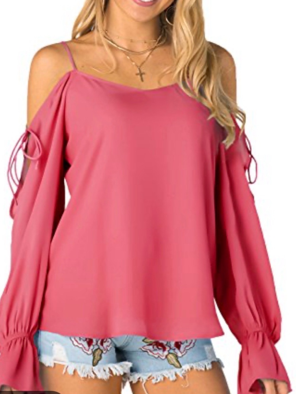 Dainty Hooligan Rose Pink Cold-Shoulder Tie-Sleeve Blouse